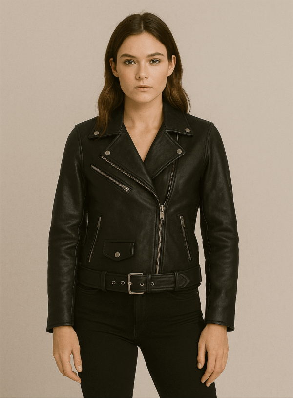 Women's Black Full‑Grain Leather Biker Jacket
